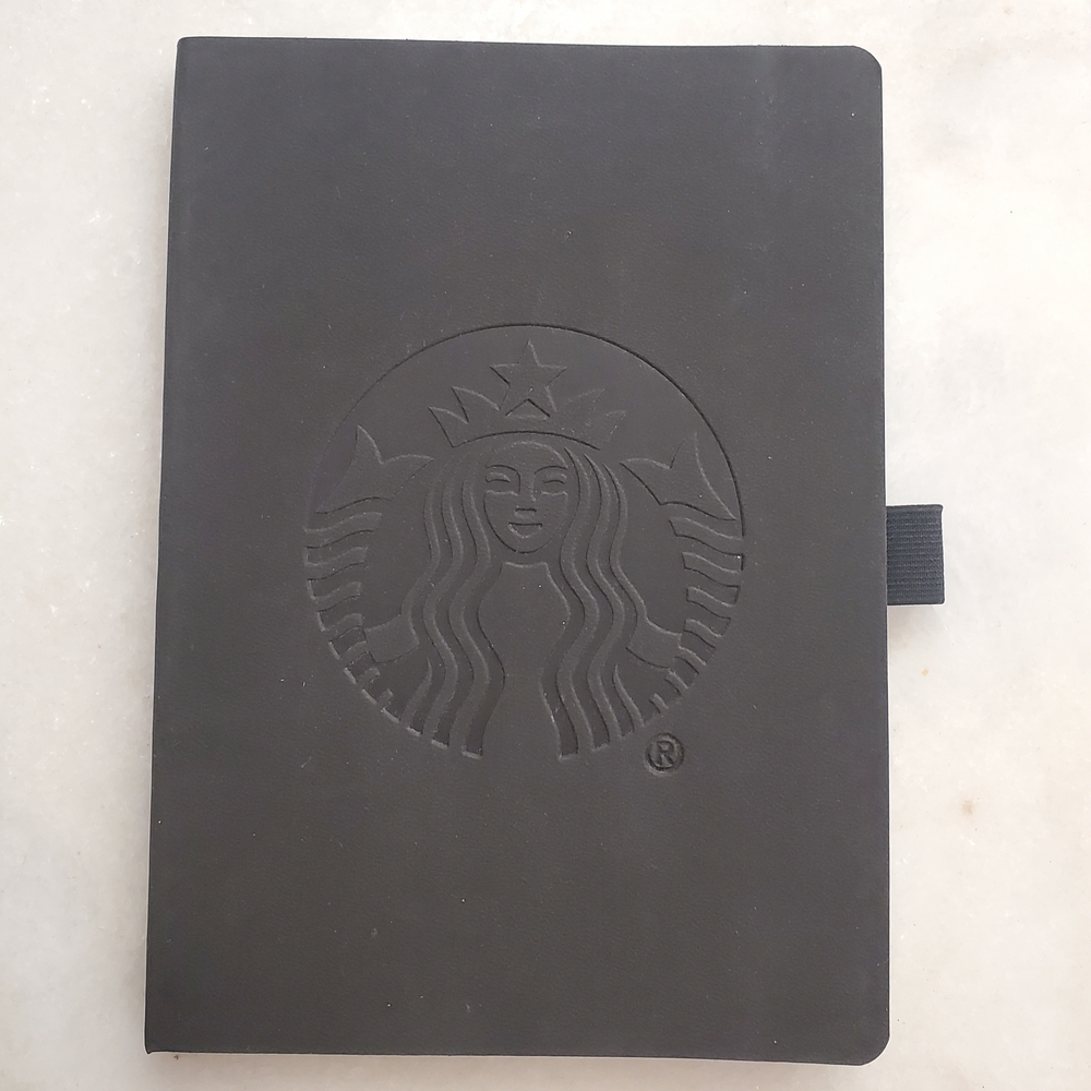 Black Embossed Starbucks Logo Notebook with Satin Ribbon Bookmark & Pen Holder